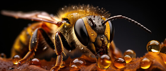 A bee glistens with dew droplets, showcasing the beauty of nature up close in extreme macro photography