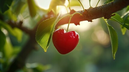 One heart-shaped cherry berry hanging from a tree branch in the orchard in summer. - Powered by Adobe