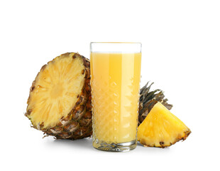 Glass of sweet pineapple juice with fruit slices on white background