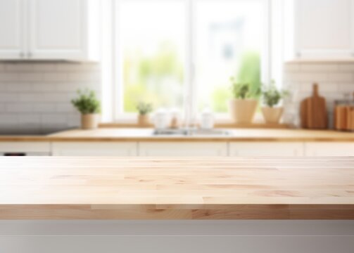 Empty wooden table top for product display montage, product mockup, focusing on the foreground with a defocused blur of a modern white and beige kitchen interior in soft natural light