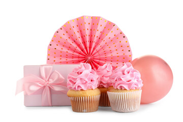 Cupcakes with pink balloon and gift box on white background. Gender reveal party concept