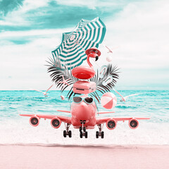 Cute pink airplane with luggage and beach accessories landing on beautiful sand beach. Summer travel concept background. 3D Rendering, 3D Illustration	 - 773456625