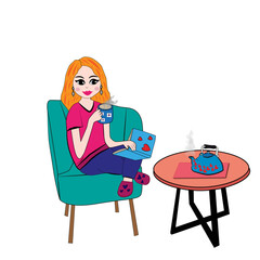 Mujer joven sentada en sillón tomando un té. - 773456677