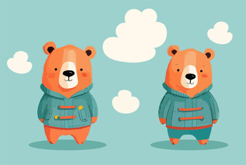 Two Brown Bears Standing Together  vector illustration
