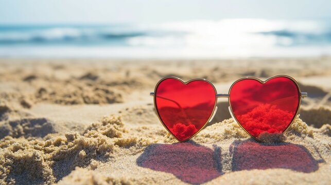 red heart shaped sunglasses in the sand on the beach. 