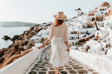 A young woman strolls through a Greek coastal town, the sea breeze gently tousling her hair as she explores the charming streets, immersed in the tranquility of her seaside holiday.