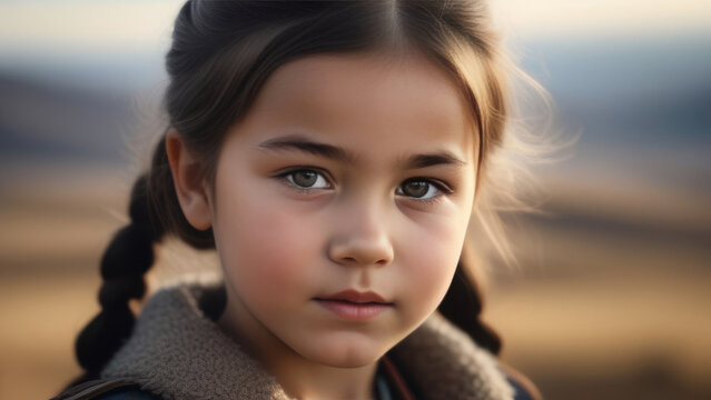 Cute mongoloid child portrait. Little asian kid girl on rustic sunny ethnic background in Natural light