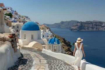 A young woman strolls through a Greek coastal town, the sea breeze gently tousling her hair as she...