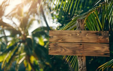 Empty wooden direction sign with copy space for text on tropical beach, ocean coast. Sea, exotic leaves, palms and sky at background. Concept of information, summer holiday vacation resort. Mock up