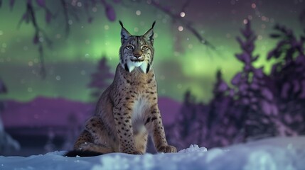 lynx in the snow in winter forest with northern lights in the sky. 