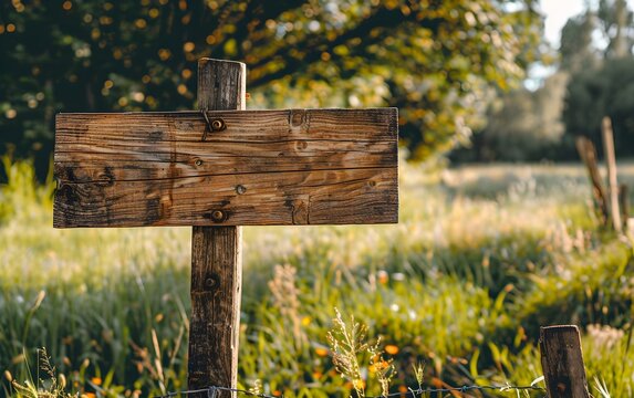 Old wooden sign board with empty space for text, rustic signpost, way pointer on a forest green clearing, flowers, sunlight filtering through tall trees, summer holiday travel relax resort