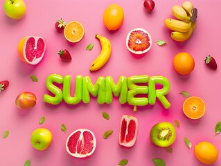 Summer inflatable lettering, 3d letters, colorful word on a pink bright modern background banner template with ice cream, fruits, citrus slices berries, palm leaves, banana, balloons, holiday vacation
