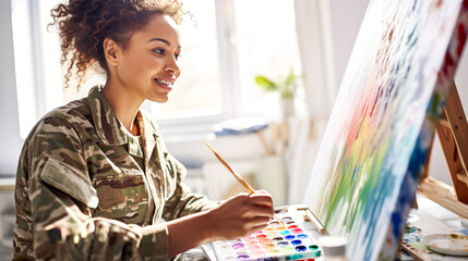 African American female soldier paints vibrant watercolors on canvas, sunlight fills the studio. Her focus is intent, a peaceful ambiance. Concept of art therapy as a medium for hope and renewal - Powered by Adobe