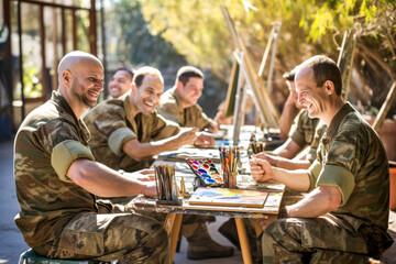 Group of Soldiers painting in art therapy lessons for mental health. Battling PTSD, anxiety together. Concept of well-being, collective rehabilitation from post-traumatic stress disorder through art - obrazy, fototapety, plakaty