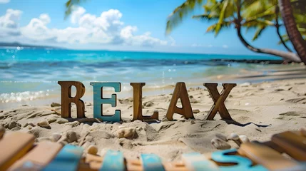 Selbstklebende Fototapeten The word "RELAX" in wooden letters on tropical beach, retro style text, sunny calm seacoast background, blue sky with clouds, summer design for beach vacation resort advertising banner with copyspace  © Vladislava