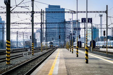 Brno, Czech Republic - March 18, 2024: Train platform at the main station in the city center with...