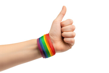 Hand showing thump up, wearing a bracelet in the LGBT colors, transparent or white background - obrazy, fototapety, plakaty