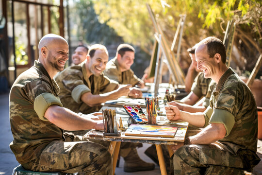 Group of Soldiers painting in art therapy lessons for mental health. Battling PTSD, anxiety together. Concept of well-being, collective rehabilitation from post-traumatic stress disorder through art