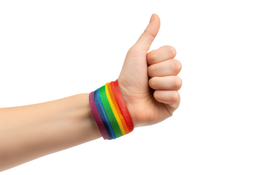 Hand showing thump up, wearing a bracelet in the LGBT colors, transparent or white background