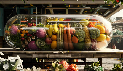 A large multivitamin supplement pill filled with fruits and vegetables, in the middle of an outdoor market. Hyper realistic - obrazy, fototapety, plakaty