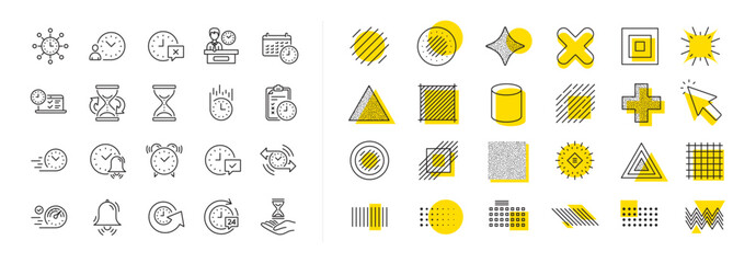 Fototapeta na wymiar Set of Calendar, Time management timer and Delivery service linear icons. Design shape elements. Time line icons. Checklist, Stopwatch timer and hourglass. Vector