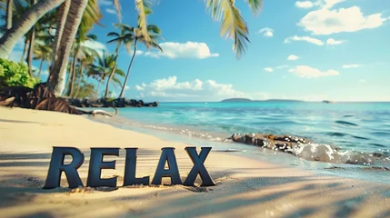 Schilderijen op glas The word "RELAX" in wooden letters on tropical beach, retro style text, sunny calm seacoast background, blue sky with clouds, summer design for beach vacation resort advertising banner with copyspace  © Vladislava