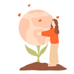  Little Kid Hugging Earth Planet. Girl Toddler Character Embrace Globe with Continents and Oceans. Vector stock illustration. Isolated on a white background.