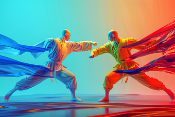 Fototapeta premium Mix martial art digital portrait, Ethereal wrestling concept Art, eye catching surreal boxing people surround by vibrant and abstract colors, Creative fantasy fighting MMA figures wallpaper concept