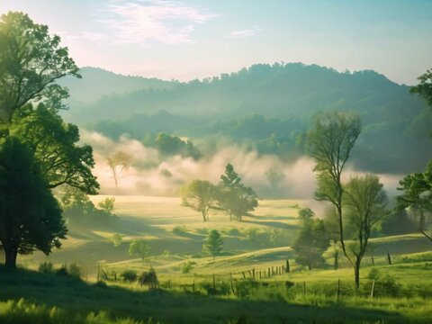 Ethereal Fog Over Tennessee Countryside, Early morning fog delicately envelops the trees and rolling hills of Tennessee's countryside, casting a soft glow as daylight emerges