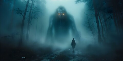 Mysterious and Eerie Atmosphere: Spooky Monster in Foggy Forest at Night. Concept Mysterious Setting, Eerie Theme, Spooky Monster, Foggy Forest, Night Photography