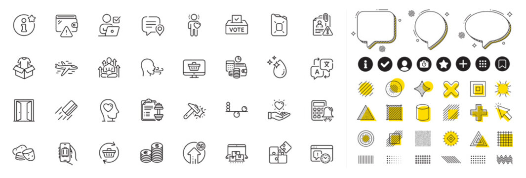 Set of Clothing, Chat bubble and 5g upload line icons for web app. Design elements, Social media icons. Online storage, Project deadline, Puzzle icons. Web shop, Yoga, Info signs. Vector