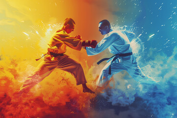 Mix martial art digital portrait, Ethereal wrestling concept Art, eye catching surreal boxing people surround by vibrant and abstract colors, Creative fantasy fighting MMA figures wallpaper concept - Powered by Adobe