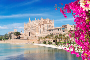 old cathedral and embankment in Palma de Majorca capital of Majorca, Spain, Balearic islands with flowers - obrazy, fototapety, plakaty