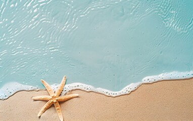 Fototapeta na wymiar Sandy sunny ocean shore minimalistic background with copyspace, top view, blue water waves, starfish. Summer advertising beach holiday resort travel concept 