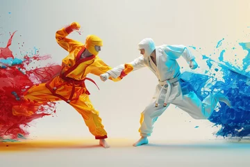Foto op Plexiglas Mix martial art digital portrait, Ethereal wrestling concept Art, eye catching surreal boxing people surround by vibrant and abstract colors, Creative fantasy fighting MMA figures wallpaper concept © Ishra