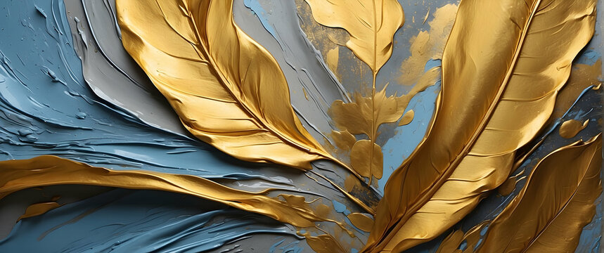 This image captures the mesmerizing interaction between the striking blue backdrop and the dynamic gold leaf accents