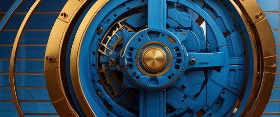 Intricate blue and gold mechanical bank vault door suggesting security and protection - obrazy, fototapety, plakaty