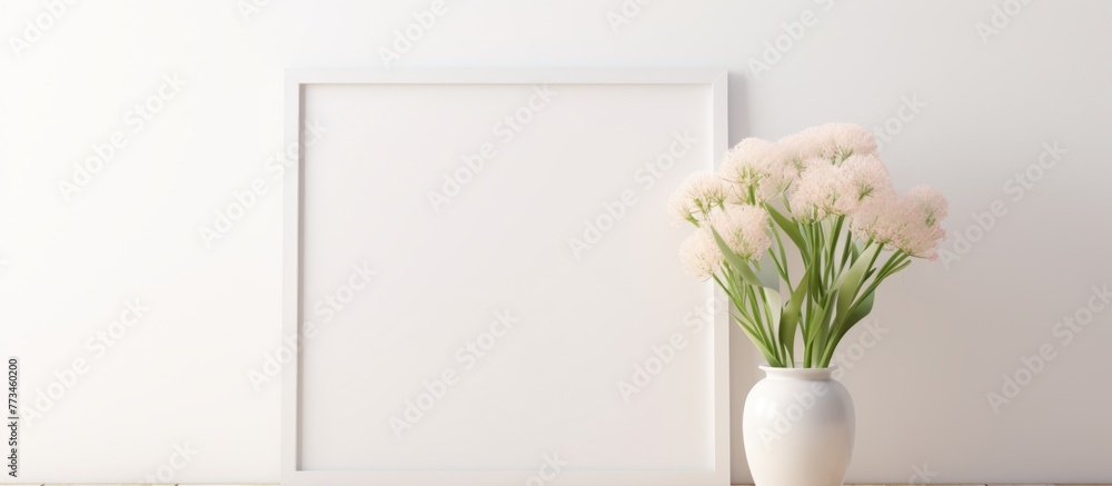 Poster displayed on a table is a simple white vase containing colorful flowers, positioned in front of an e