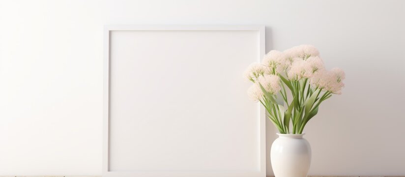 Displayed on a table is a simple white vase containing colorful flowers, positioned in front of an empty picture frame.