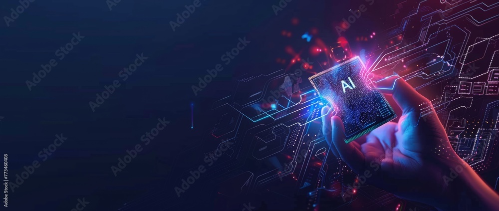 Poster abstract concept of artificial intelligence with hand holding chip and glowing hologram in dark back
