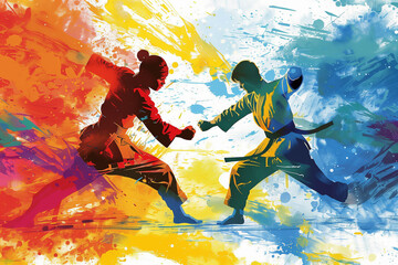 Modern mix martial art colorful illustration design, MMA digital portraits, eye catching surreal wrestling boxing people surround by vibrant abstract colors, Art painting of karate, fighting warriors - obrazy, fototapety, plakaty