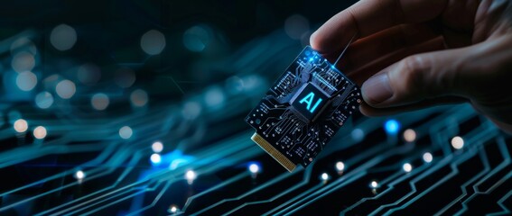 A hand holding an AI chip with the text 