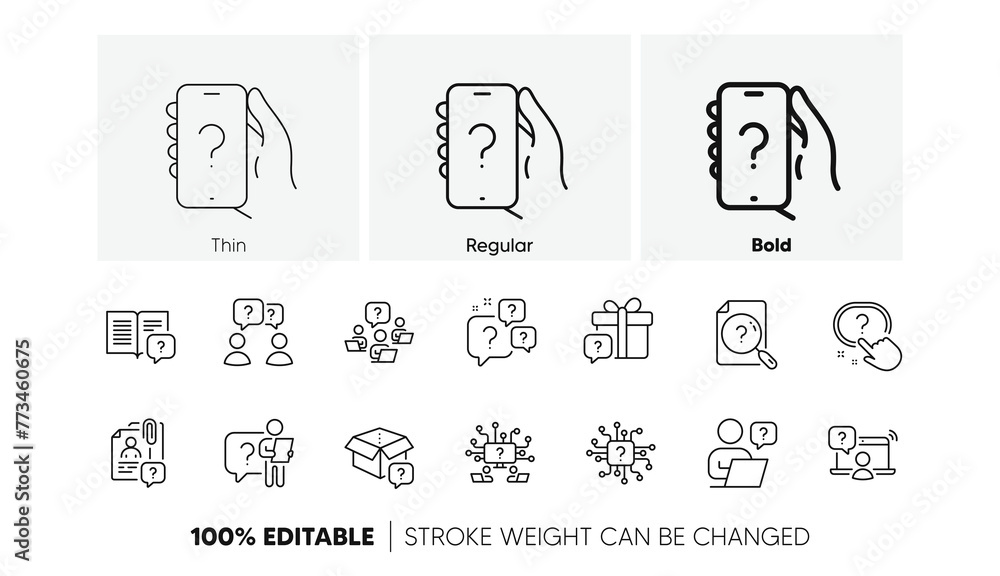 Poster artificial intelligence computer, phone with question mark, problem solve. questions line icons. qui