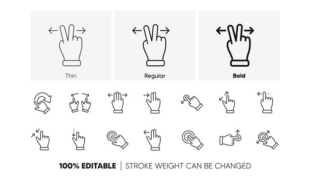 Hand swipe, Slide gesture, Multitasking icons. Touchscreen gesture line icons. Touchscreen technology, tap on screen, drag and drop. Linear set. Line icons set. Vector