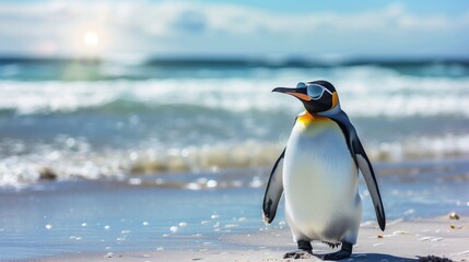 penguin in a sunglasses standing on the beach. 