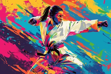 Foto op Plexiglas Modern mix martial art colorful illustration design, MMA digital portrait, eye catching surreal wrestling boxing girl surround by vibrant abstract colors, Art painting of karate, fighting warriors © Ishra