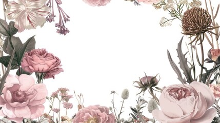 Background with a frame surrounded by flowers. Mothers Day. Illustration for poster, brochures, booklets, promotional materials, website