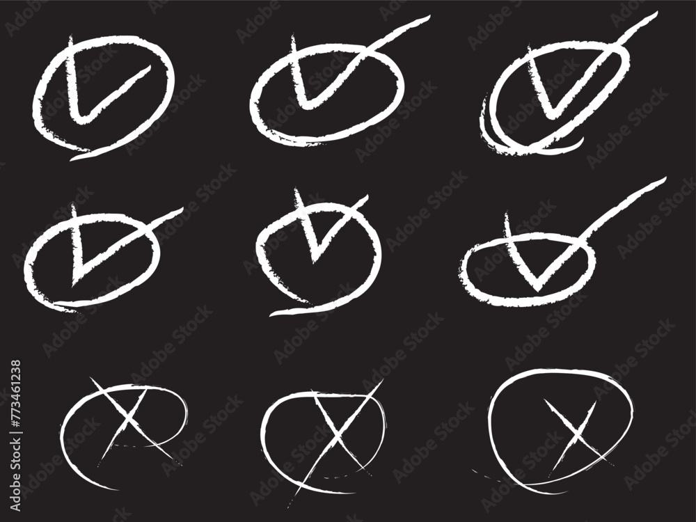 Poster hand drawn check signs. doodle v mark for list items, checkbox chalk icons and sketch checkmarks. ve