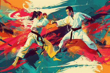 Modern mix martial art colorful illustration design, MMA digital portraits, eye catching surreal wrestling boxing players surround by abstract colors, Art painting of karate, fighting warriors