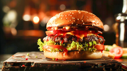 Bacon Cheeseburger with Cheddar & Ketchup Against Lively Bar Background